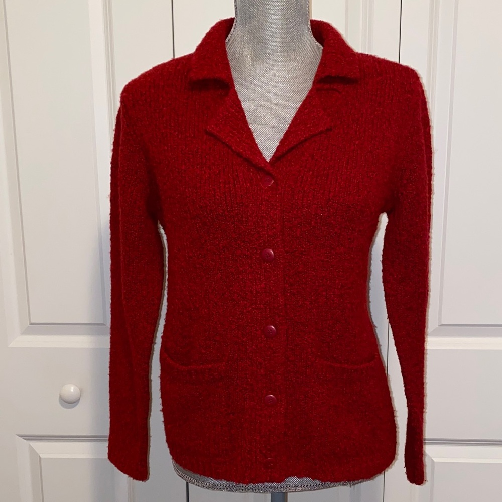 Collared  Stretch Knit Cardigan Red Size Small Petite